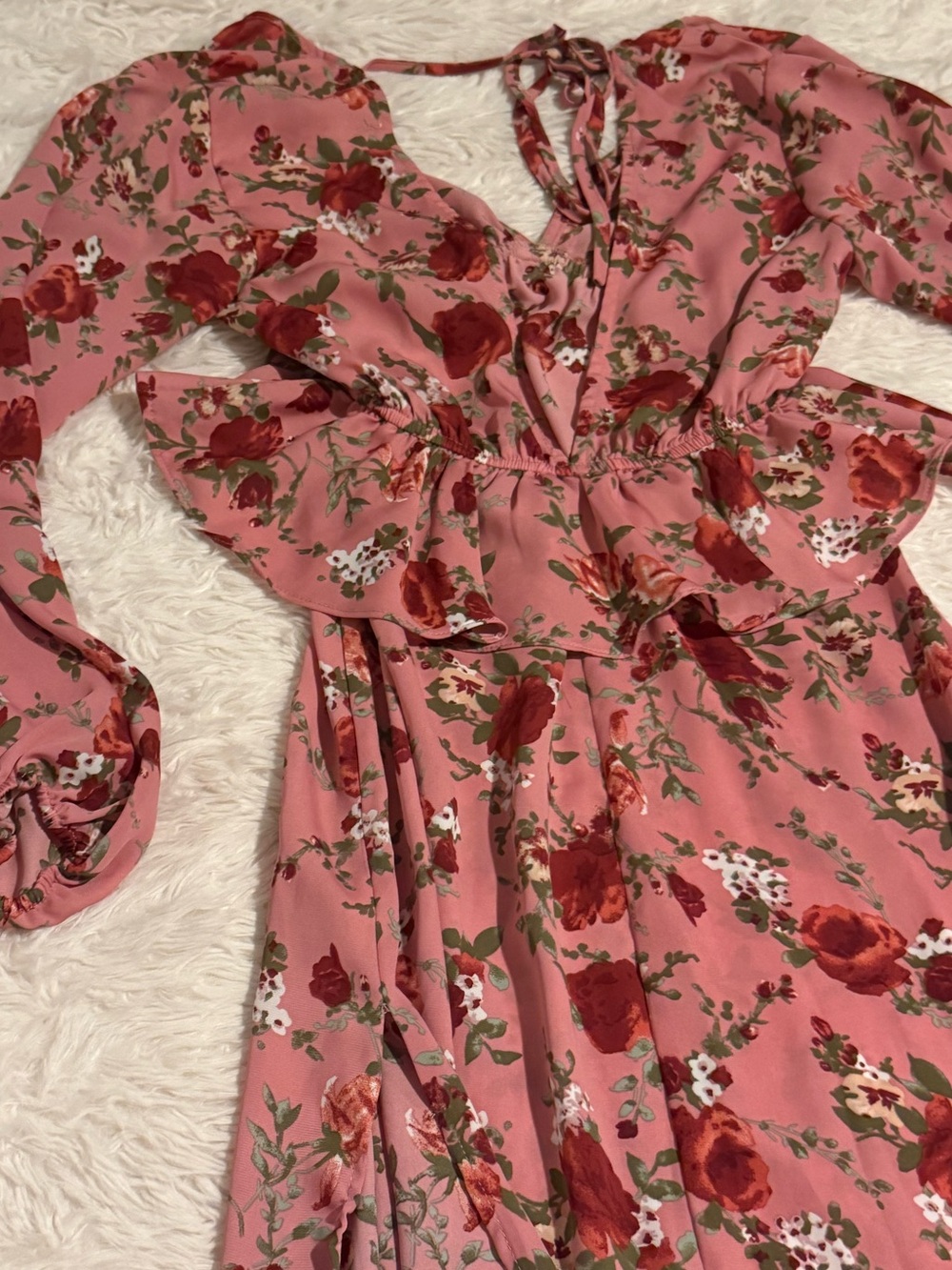 Boohoo size 4 floral ruffled burgundy pink maxi dress with slits on sides boho - Picture 8 of 11